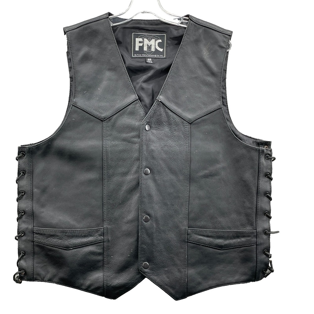 FMC Leather Vest Men 46 Black Motorcycle Moto Rocker Y2K Grunge Western 90s Punk